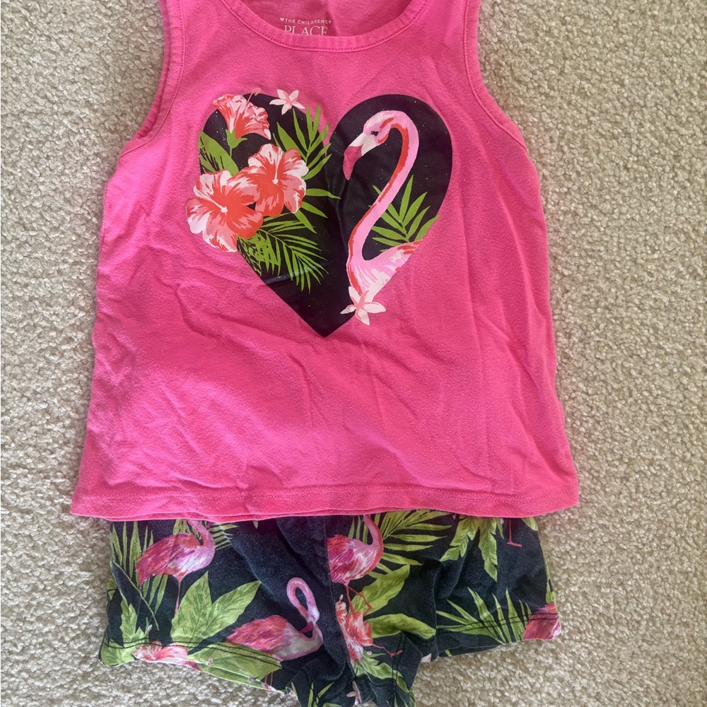 Toddler Children’s Place Girls Pink Flamingo Heart Tank & Tropical Shorts Set 3T